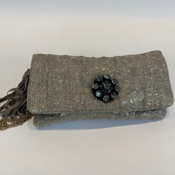 Lanvin Gold Crystal-Embellished Wide-Gauge Metallic Jacquard Tassel Clutch - Picture 1 of 10